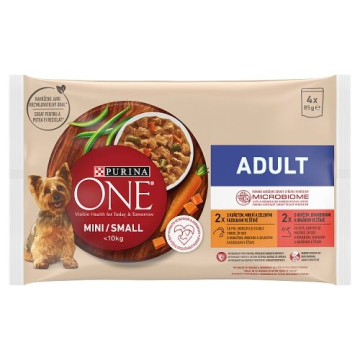 Purina ONE MINI Dog Active kuře a hovězí ve šťávě 4 x 85 g kapsa