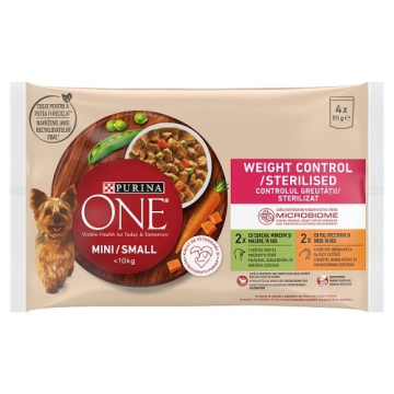 Purina One Dog Adult Mini/Small Weight Control/Sterilised Krůta a kuře ve šťávě 4 x 85g